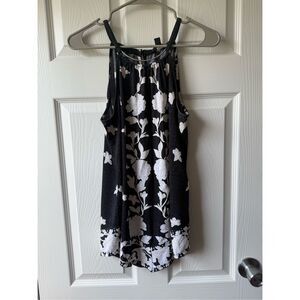 Navy Floral High Neck Tank Top Blouse Liquid Knit Textured Medium INC